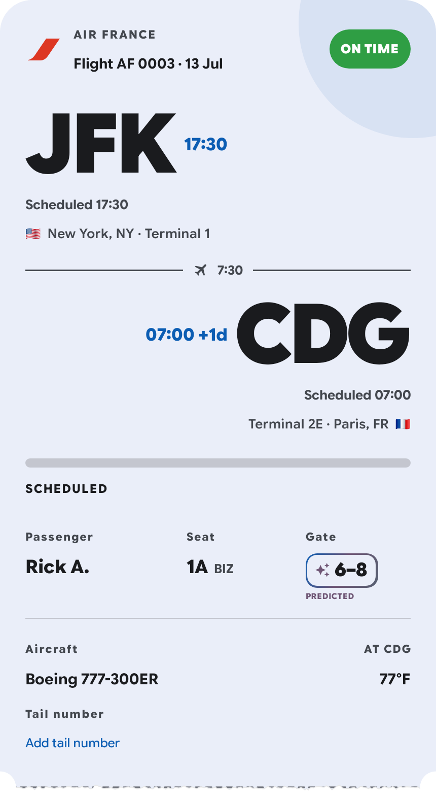 A predicted gate range displayed on an Air France flight from JFK to CDG